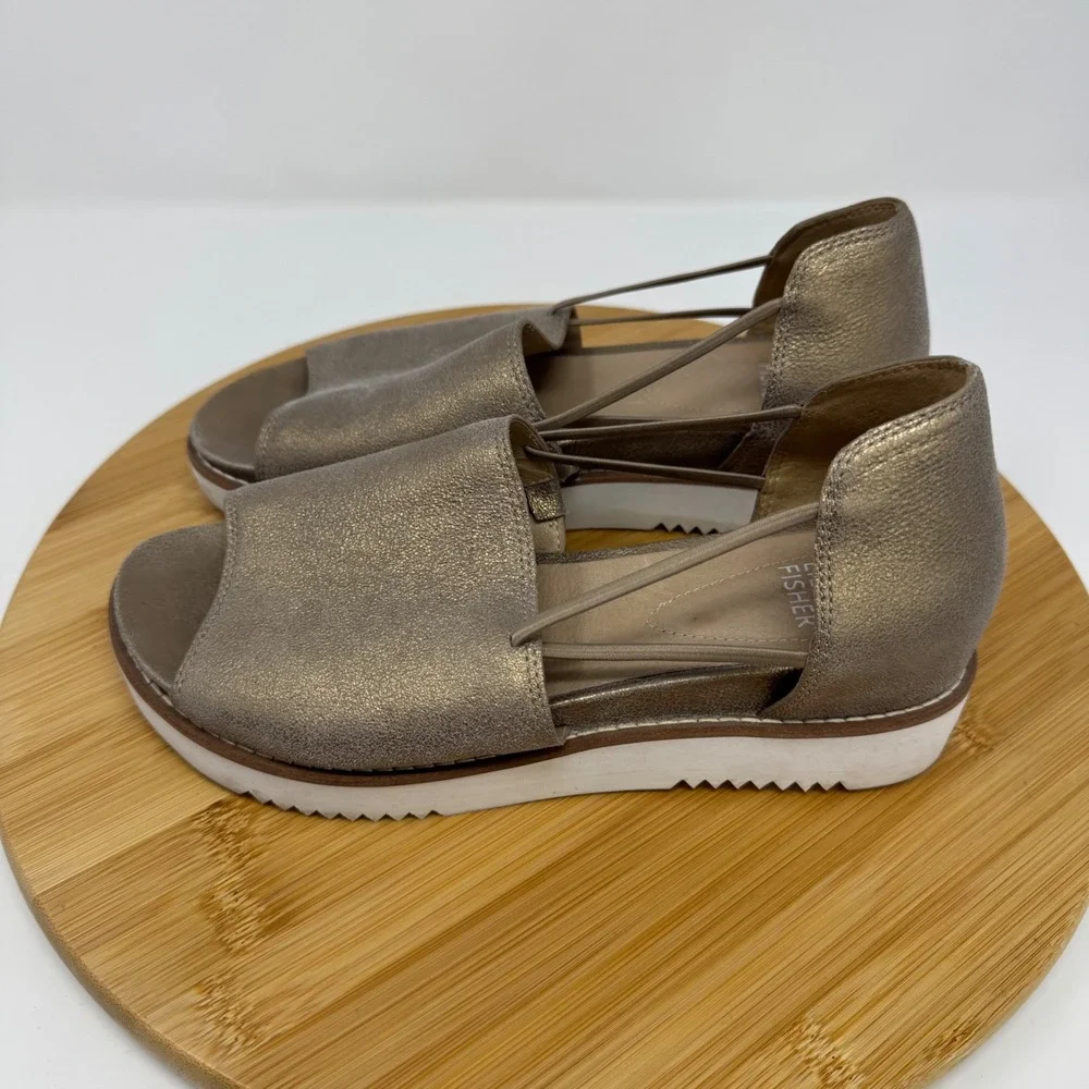 Eileen Fisher‎ Gold Metallic Leather Platform Sandals Cutout 6.5 Open Toe Slides